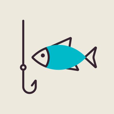 Balık vektörü izole edilmiş ikon ile balık oltası. Kamp ve yürüyüş işareti. Seyahat ve turizm web sitesi ve uygulama tasarımı, logo, uygulama, UI için grafik sembolü