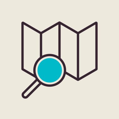 Büyüteç vektör izole edilmiş simge haritası. Navigasyon işareti. Seyahat ve turizm web sitesi ve uygulama tasarımı, logo, uygulama, UI için grafik sembolü
