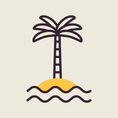 Adada tropikal palmiye, deniz dalgaları vektör ikonu izole. Yaz tabelası. Seyahat ve turizm web sitesi ve uygulama tasarımı, logo, uygulama, UI için grafik sembolü