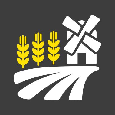 Yel değirmeni ve buğday sembolü kulaklı bir tarla. Tarım işareti. Web sitenizin tasarımı için grafik sembolü, logo, uygulama, UI. Vektör illüstrasyonu, EPS10.
