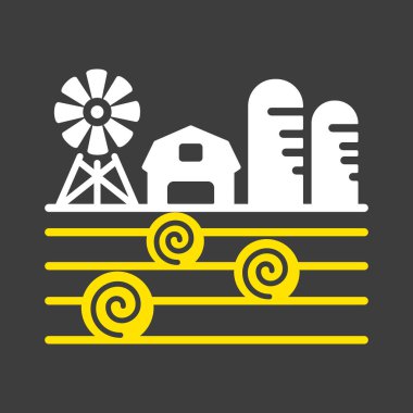 Çiftlik manzarası, ahır, rüzgar pompası, saman yığını ve ambar sembolü. Tarım işareti. Web sitenizin tasarımı için grafik sembolü, logo, uygulama, UI. Vektör illüstrasyonu, EPS10.