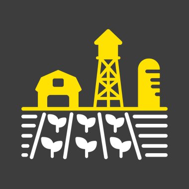 Çiftlik manzarası, ahır, rüzgâr pompası, fide ve su kulesi vektör simgesi. Tarım işareti. Web sitenizin tasarımı için grafik sembolü, logo, uygulama, UI. Vektör illüstrasyonu, EPS10.