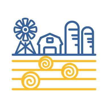 Çiftlik manzarası, ahır, rüzgar pompası, saman yığını ve ambar ikonu. Tarım işareti. Web sitenizin tasarımı için grafik sembolü, logo, uygulama, UI. Vektör illüstrasyonu, EPS10.