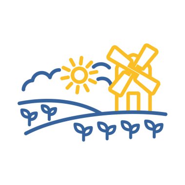 Yel değirmeni ikonlu kırsal alan. Tarım işareti. Web sitenizin tasarımı için grafik sembolü, logo, uygulama, UI. Vektör illüstrasyonu, EPS10.