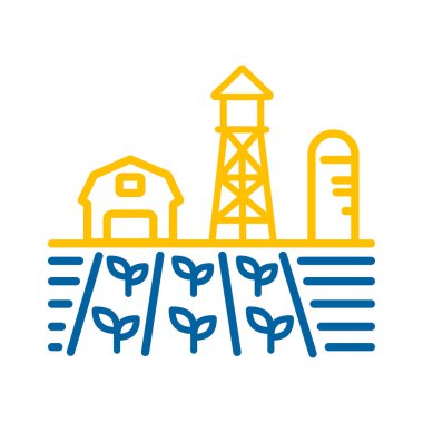 Çiftlik manzarası, ahır, rüzgâr pompası, fide ve su kulesi ikonu. Tarım işareti. Web sitenizin tasarımı için grafik sembolü, logo, uygulama, UI. Vektör illüstrasyonu, EPS10.