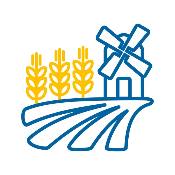 Yel değirmeni ve izole buğday ikonu olan bir tarla. Tarım işareti. Web sitenizin tasarımı için grafik sembolü, logo, uygulama, UI. Vektör illüstrasyonu, EPS10.