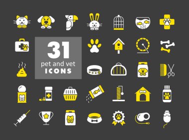 Evcil hayvan ve veteriner vektör sembol seti. Evcil hayvan ve veteriner web sitesi ve uygulama tasarımı, logo, uygulama, UI için grafik sembolü