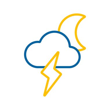 Yıldırım yalıtılmış vektör ikonuna sahip ay bulutu. Meteoroloji işareti. Seyahat, turizm ve hava durumu web sitesi ve uygulama tasarımı, logo, uygulama, UI için grafik sembolü