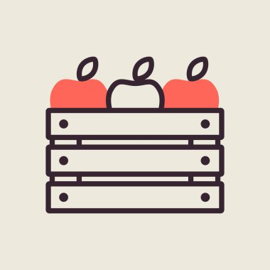 Elma vektör ikonlu ahşap hasat kutusu. Tarım, bahçe ve bitkiler için grafik sembolü Web sitesi ve uygulama tasarımı, logo, uygulama, UI