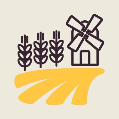 Yel değirmeni ve buğday ikonu olan bir tarla. Tarım işareti. Web sitenizin tasarımı için grafik sembolü, logo, uygulama, UI. Vektör illüstrasyonu, EPS10.