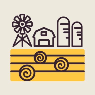 Çiftlik manzarası, ahır, rüzgar pompası, saman yığını ve ambar ikonu. Tarım işareti. Web sitenizin tasarımı için grafik sembolü, logo, uygulama, UI. Vektör illüstrasyonu, EPS10.