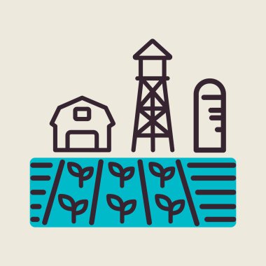 Çiftlik manzarası, ahır, rüzgâr pompası, fide ve su kulesi ikonu. Tarım işareti. Web sitenizin tasarımı için grafik sembolü, logo, uygulama, UI. Vektör illüstrasyonu, EPS10.
