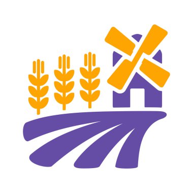 Yel değirmeni ve buğday sembolü kulaklı bir tarla. Tarım işareti. Web sitenizin tasarımı için grafik sembolü, logo, uygulama, UI. Vektör illüstrasyonu, EPS10.