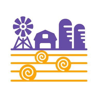 Çiftlik manzarası, ahır, rüzgar pompası, saman yığını ve ambar sembolü. Tarım işareti. Web sitenizin tasarımı için grafik sembolü, logo, uygulama, UI. Vektör illüstrasyonu, EPS10.