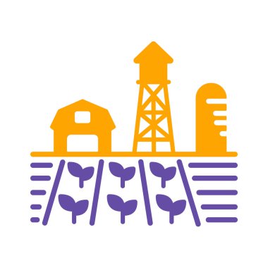 Çiftlik manzarası, ahır, rüzgâr pompası, fide ve su kulesi izole edilmiş sembol. Tarım işareti. Web sitenizin tasarımı için grafik sembolü, logo, uygulama, UI. Vektör illüstrasyonu, EPS10.