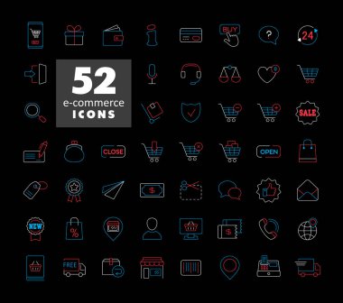 E-ticaret vektör simgeleri alışverişini ayarladı ve internette siyah üzerine izole edildi. Web sitenizin tasarımı için grafik sembolü, logo, uygulama, UI