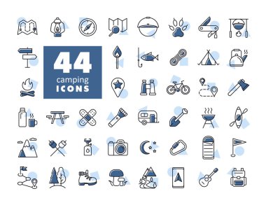 Kamp, yürüyüş, doğa ve doğa aktiviteleri izole edilmiş ikonlar. Seyahat ve turizm web sitesi ve uygulama tasarımı, logo, uygulama, UI için grafik sembolü