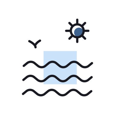 Deniz dalgaları ve güneş vektör simgesi. Yaz tabelası. Seyahat ve turizm web sitesi ve uygulama tasarımı, logo, uygulama, UI için grafik sembolü