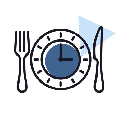 Bıçak ve çatalla kaplanmış bir saat simgesi. Teslimat tabelası. Yemek pişirme web sitesi ve uygulama tasarımı, logo, uygulama, UI için grafik sembolü