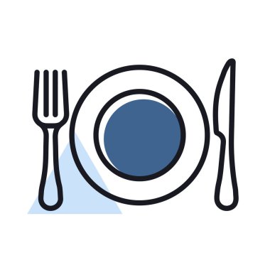 Yemek tabağı, bıçak ve çatal vektör ikonu. Yemek pişirme web sitesi tasarımı, logo, uygulama, Ui için grafik sembolü