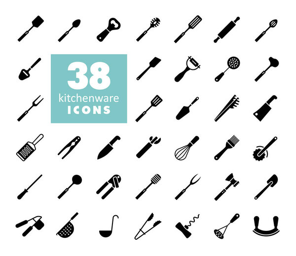 Kitchenware and kitchen appliances vector isolated glyph icon set. Graph symbol for cooking web site and apps design, logo, app, UI
