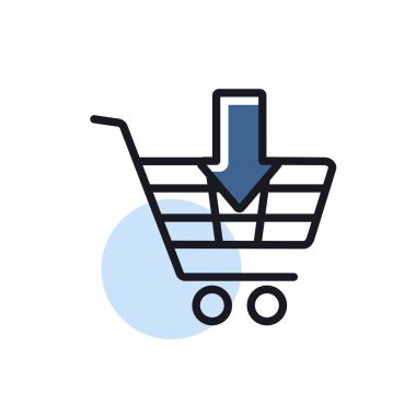 Düz ok ikonlu alışveriş arabası. E-ticaret tabelası. Web sitenizin tasarımı için grafik sembolü, logo, uygulama, UI. Vektör illüstrasyonu, EPS10.