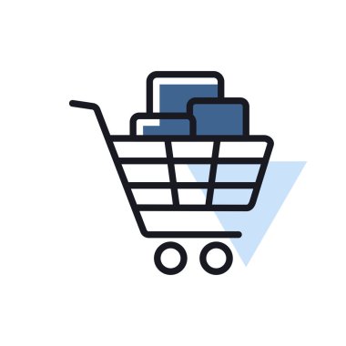 Kutuları düz ikonlu alışveriş arabası. E-ticaret tabelası. Web sitenizin tasarımı için grafik sembolü, logo, uygulama, UI. Vektör illüstrasyonu, EPS10.