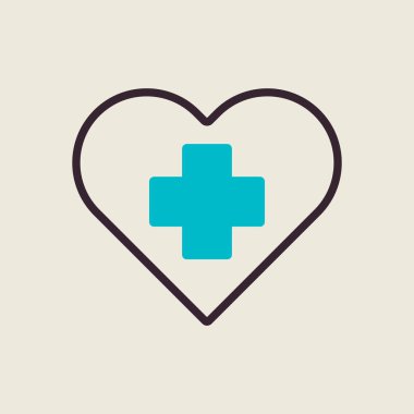 Kalp vektör ikonu içinde çapraz. İlaç ve sağlık sigortası, tıbbi destek işareti. Tıbbi web sitesi ve uygulama tasarımı için grafik sembolü, logo, uygulama, UI