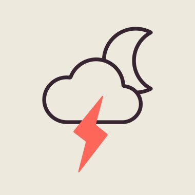 Yıldırım vektör ikonlu ay bulutu. Meteoroloji işareti. Seyahat, turizm ve hava durumu web sitesi ve uygulama tasarımı, logo, uygulama, UI için grafik sembolü
