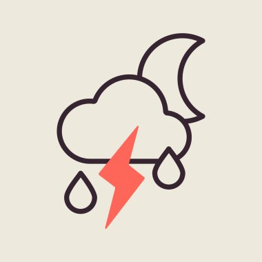 Sonbahar yağmurlu ay bulutu ve yıldırım vektör simgesi. Meteoroloji işareti. Seyahat, turizm ve hava durumu web sitesi ve logo, uygulama, UI için grafik sembolü