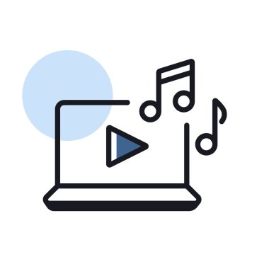 Dizüstü bilgisayar vektörü izole edilmiş ikondaki müziği dinle. Müzik işareti. Müzik ve ses web sitesi için grafik sembolü ve uygulama tasarımı, logo, uygulama, UI