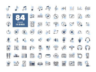 Müzik vektörü düz izole edilmiş simge seti. Müzik ve ses web sitesi için grafik sembolü ve uygulama tasarımı, logo, uygulama, UI