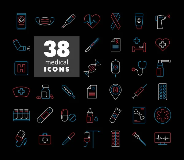 Medical Vector Icons Set Black Background Medicine Healthcare Medical Support — Διανυσματικό Αρχείο