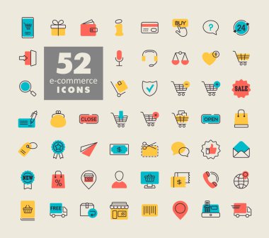 E-ticaret vektör simgeleri alışverişi ve çevrimiçi. Web sitenizin tasarımı için grafik sembolü, logo, uygulama, UI