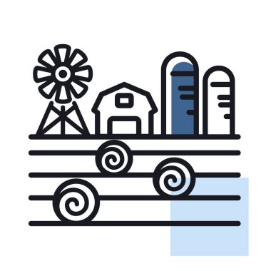 Çiftlik manzarası, ahır, rüzgar pompası, saman yığını ve izole ambar ikonu. Tarım işareti. Web sitenizin tasarımı için grafik sembolü, logo, uygulama, UI. Vektör illüstrasyonu, EPS10.