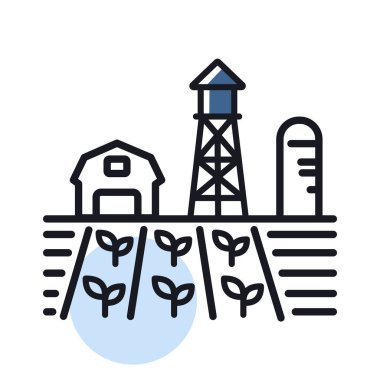Farm landscape with barn, windpump, seedling and water tower vector isolated icon. Agriculture sign. Graph symbol for your web site design, logo, app, UI. Vector illustration, EPS10.