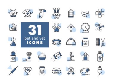 Hayvan ve veteriner vektörü izole edilmiş ikon seti. Evcil hayvan ve veteriner web sitesi ve uygulama tasarımı, logo, uygulama, UI için grafik sembolü