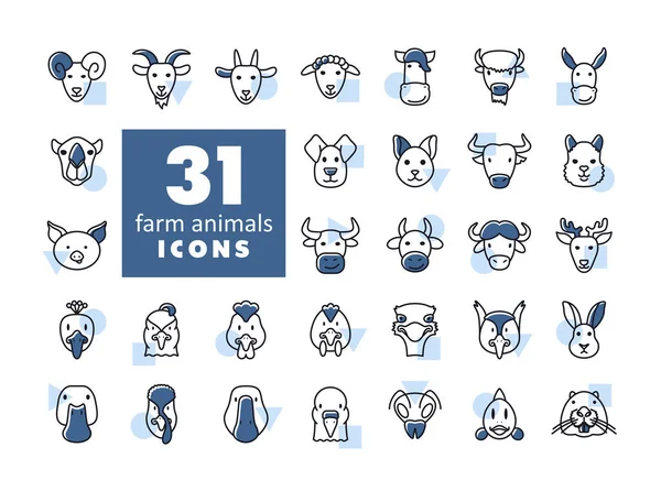 Фермерські Тварини Ізольовані Набори Іконок Векторна Ілюстрація Голови Знак Сільського — стоковий вектор