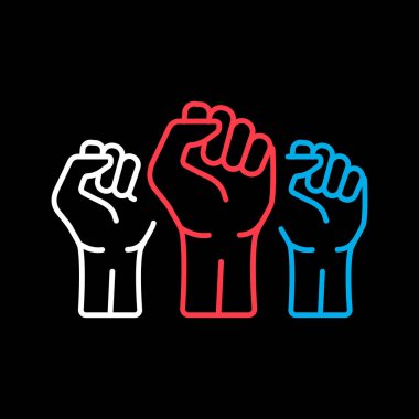 Siyah arkaplan simgesinde izole edilmiş protesto vektörü olarak yükselen üç sıkılmış yumruk. Protesto, güç, özgürlük, devrim, isyan, isyan konsepti