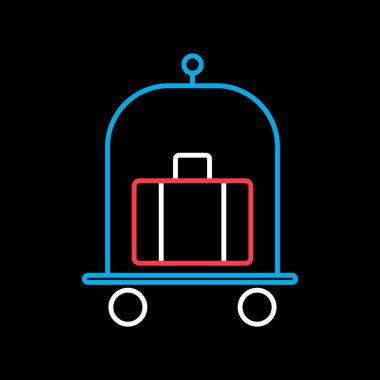 Bagaj, bagaj, valizler siyah arkaplan ikonunda izole edilmiş tramvay düz vektöründe. Otel tabelası. Seyahat ve turizm web sitesi ve uygulama tasarımı, logo, uygulama, UI için grafik sembolü