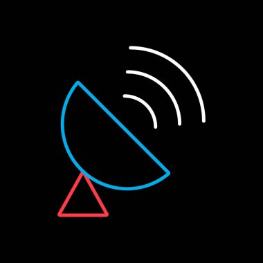 Sputnik anten vektörü siyah arkaplan simgesinde izole edildi. Navigasyon işareti. Seyahat ve turizm web sitesi ve uygulama tasarımı, logo, uygulama, UI için grafik sembolü