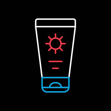 Siyah arkaplan simgesinde izole edilmiş tüp düz vektörlü güneş kremi. Yaz tabelası. Seyahat ve turizm web sitesi ve uygulama tasarımı, logo, uygulama, UI için grafik sembolü