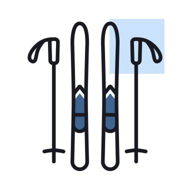 Kayak ve çubuk vektör izole ikonu. Kış işareti. Seyahat ve turizm web sitesi ve uygulama tasarımı, logo, uygulama, UI için grafik sembolü