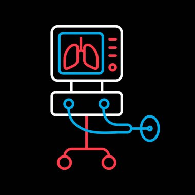 Yoğun bakımda solunum cihazının siyah zemin üzerindeki düz ikonu akciğerlerin havalandırılması için tıbbi terapi. COVID-19 için yoğun bakım. Tıbbi işaret. Coronavirüs