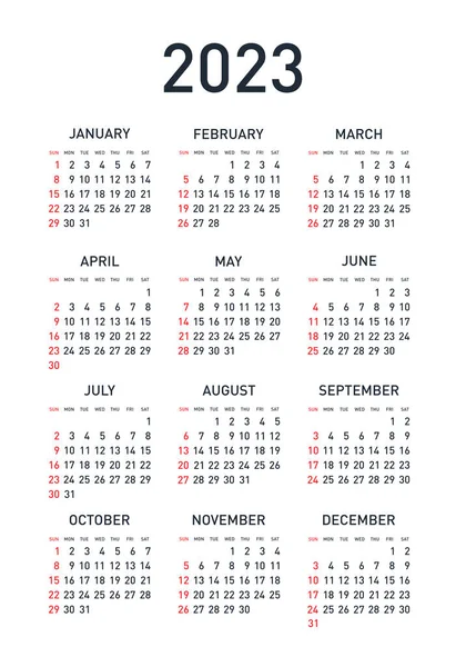 2023年 黑白矢量模板 周开始于周日 基本网格 口袋正方形日历 准备好了 — 图库矢量图片