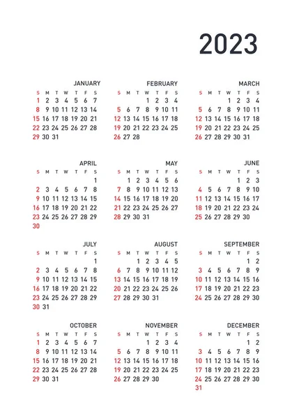 Calendario 2023 Año Plantilla Vector Blanco Negro Semana Comienza Domingo — Vector de stock