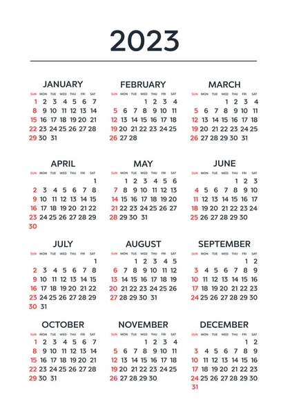 Calendar 2023 Year Black White Vector Template Week Starts Sunday — Stock Vector