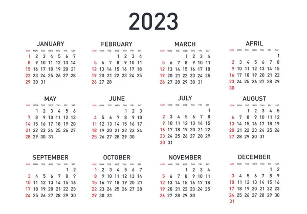 Kalender 2023 Jaar Zwart Wit Vectorsjabloon Week Begint Zondag Basisnetwerk — Stockvector