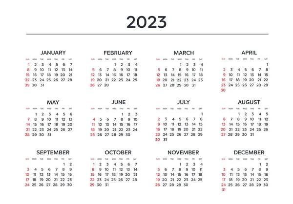 Календарь 2023 Года Черно Белый Векторный Шаблон Неделя Начинается Воскресенье — стоковый вектор