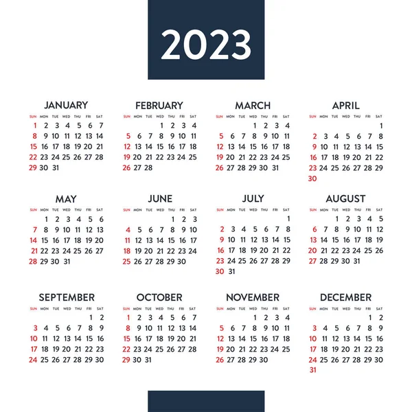 Календар 2023 Року Чорно Білий Векторний Шаблон Тиждень Починається Неділю — стоковий вектор